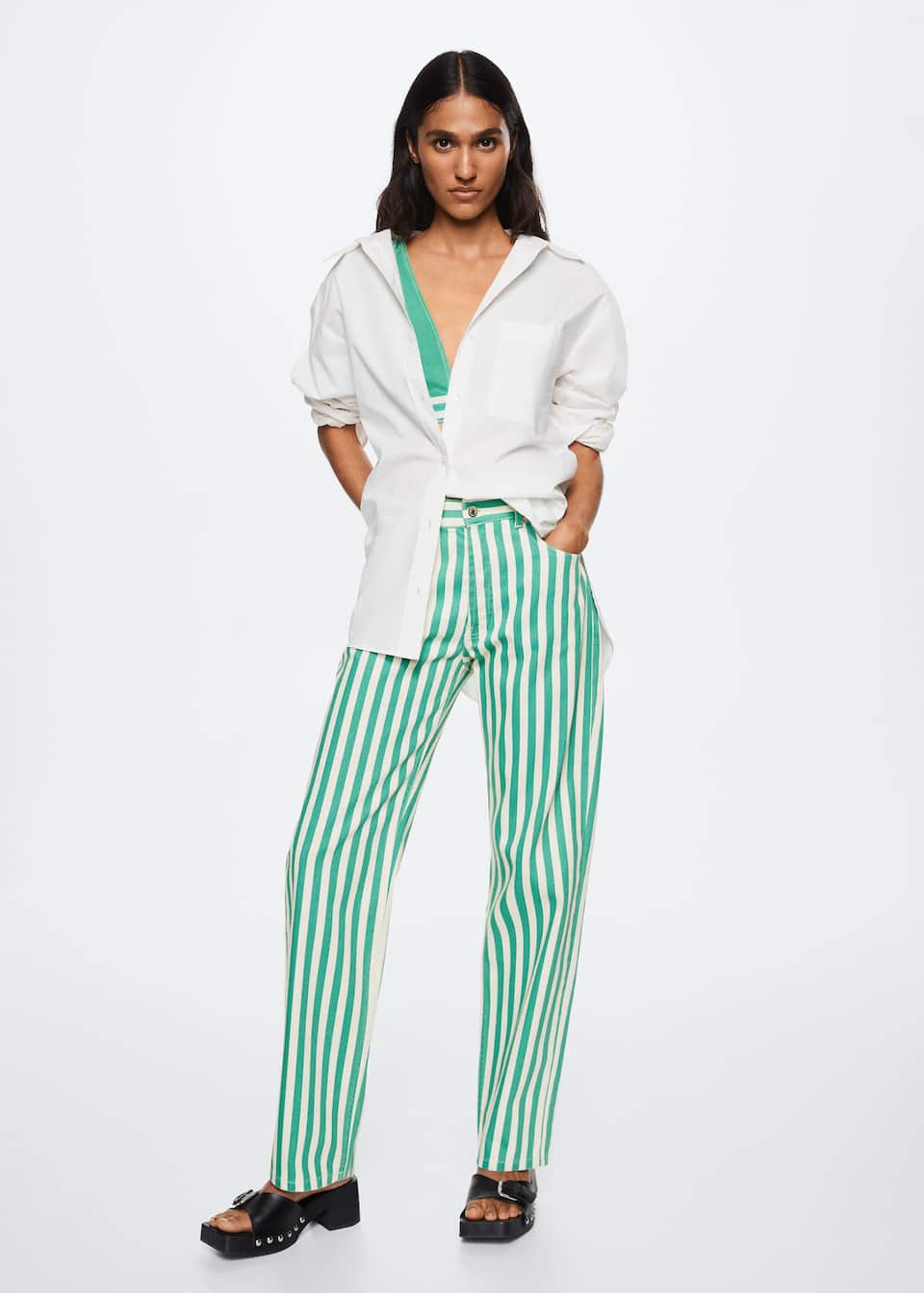 Mango Committed Collection striped denim jeans. 100% Cotton with Straight design in green and white striped pattern. Belt Loops, Five pockets and Button up fly. Fits bigger to size. Inseam 77 cm.