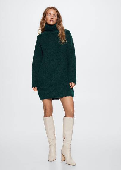 Mango Knitted Turtleneck Dress Dark Green | ModeSens