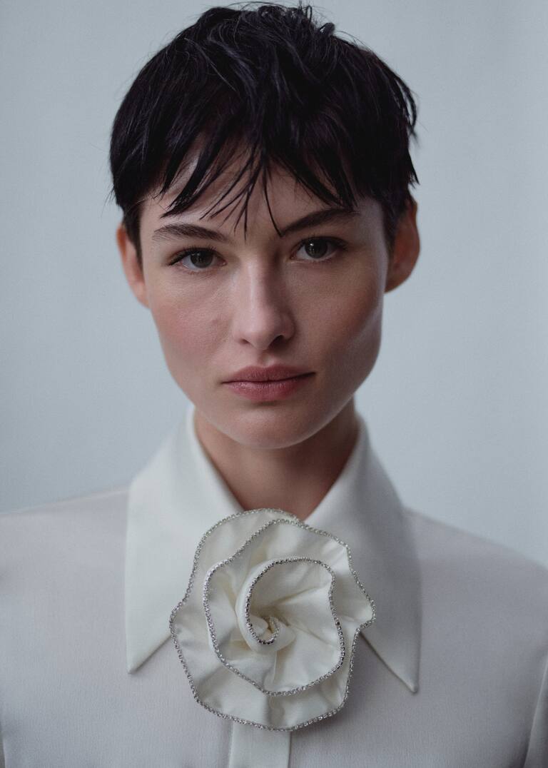 Maxi flower rhinestone satin shirt Women Mango USA