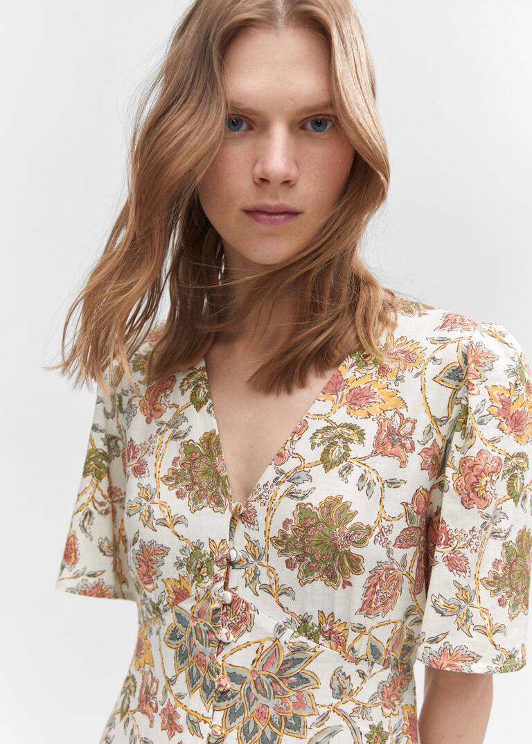 Buttoned linenblend dress Women Mango USA