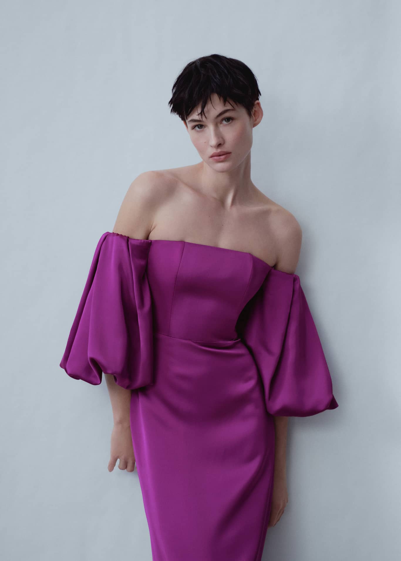 Vestido raso mangas volumen Mujer Mango Andorra