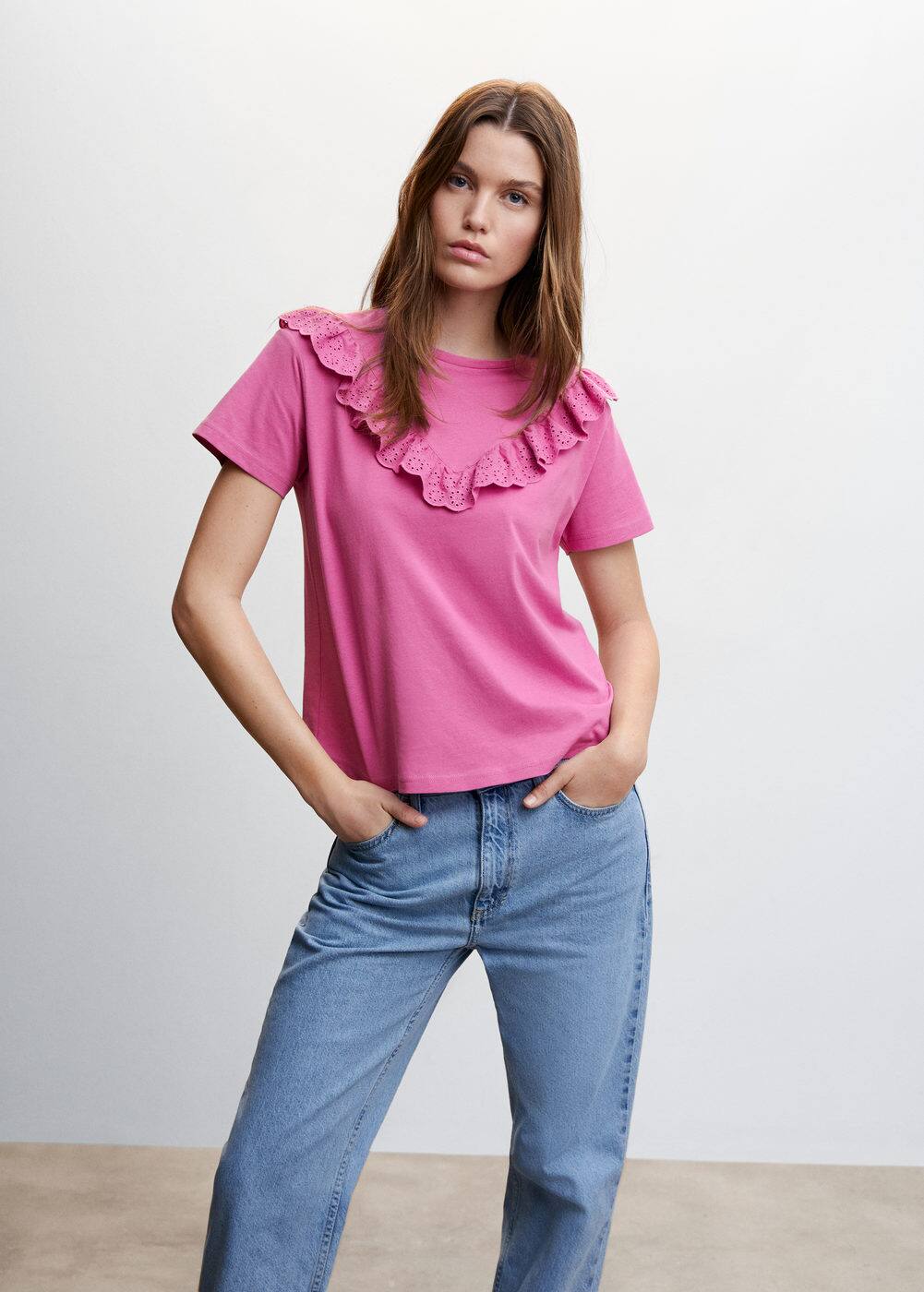 Embroidered ruffle t-shirt - Woman | Mango Singapore