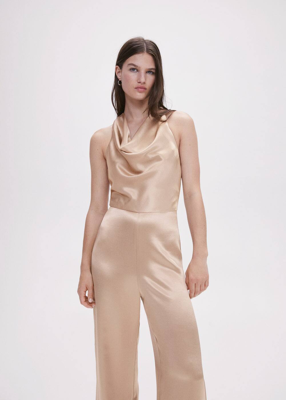 Draped neck satin jumpsuit Woman Mango Canada
