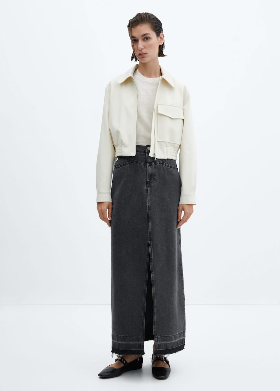 Best high street Maxi skirts. Mango washed black / grey long denim maxi skirt. Recycled cotton-blend denim fabric in a Long straight design, with Two front pockets, Two patch pockets on the back and Zip and one button fastening. Opening in the lower front and Frayed hem.