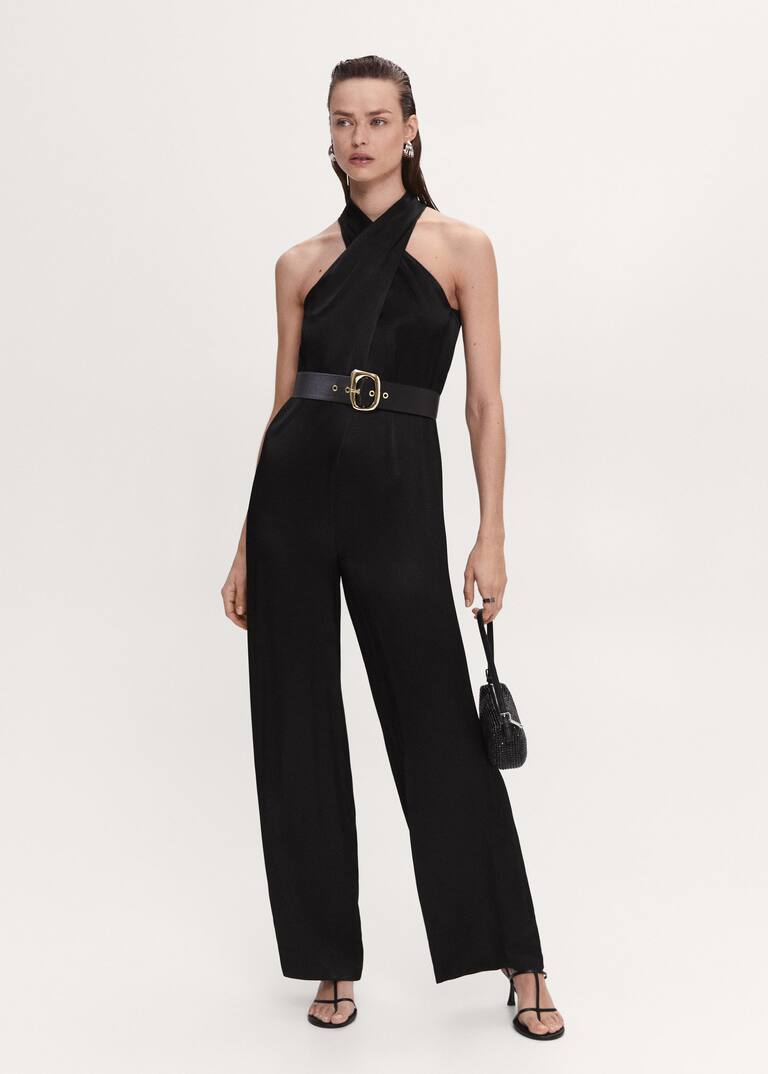 Satin jumpsuit with belt Women Mango USA