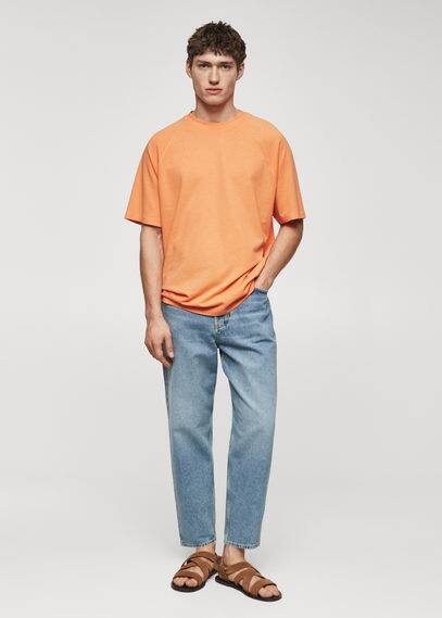 MANGO MAN Textured cotton T-shirt peach