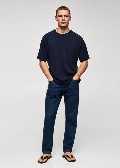 MANGO MAN Textured cotton T-shirt navy