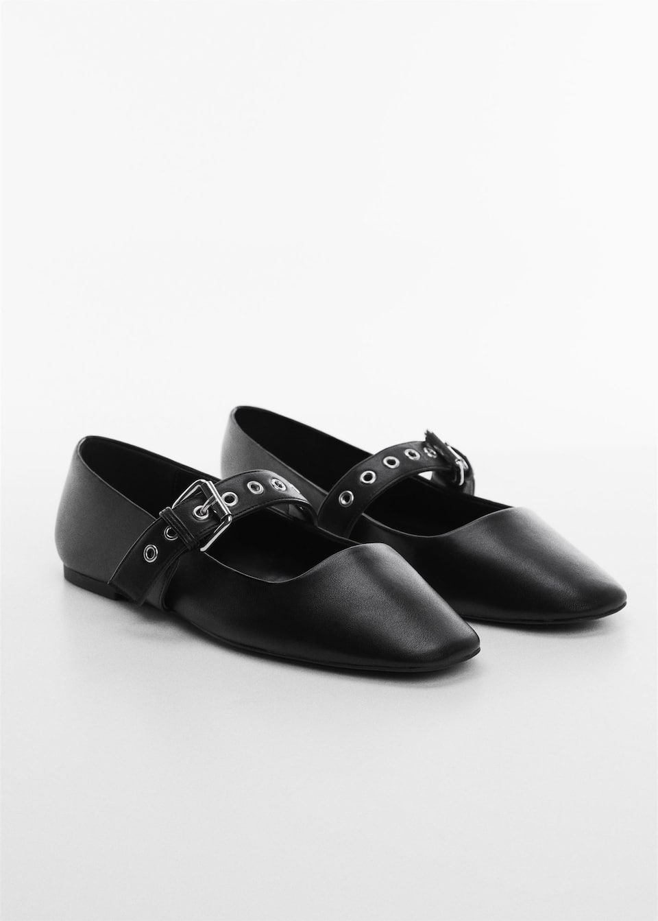 Mango black leather ballet flats with studded buckle across the front.