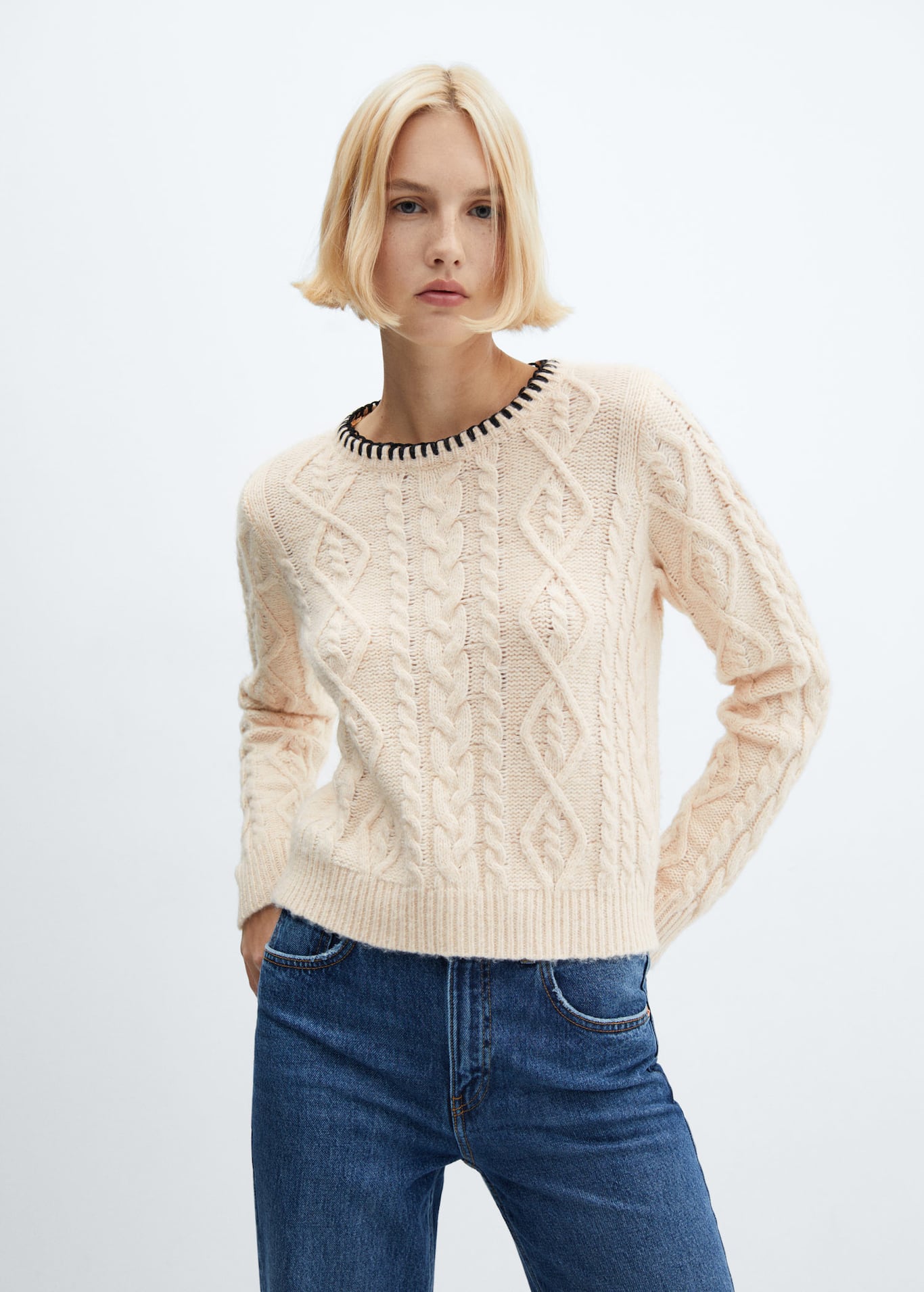 Cableknit sweater with contrasting trim Women Mango USA