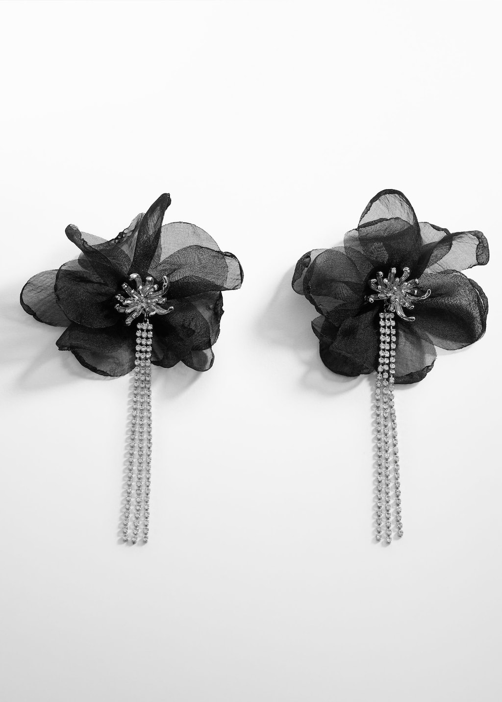 Mango Floral rhinestone earrings. a pair of black flowers with a silver chain. 