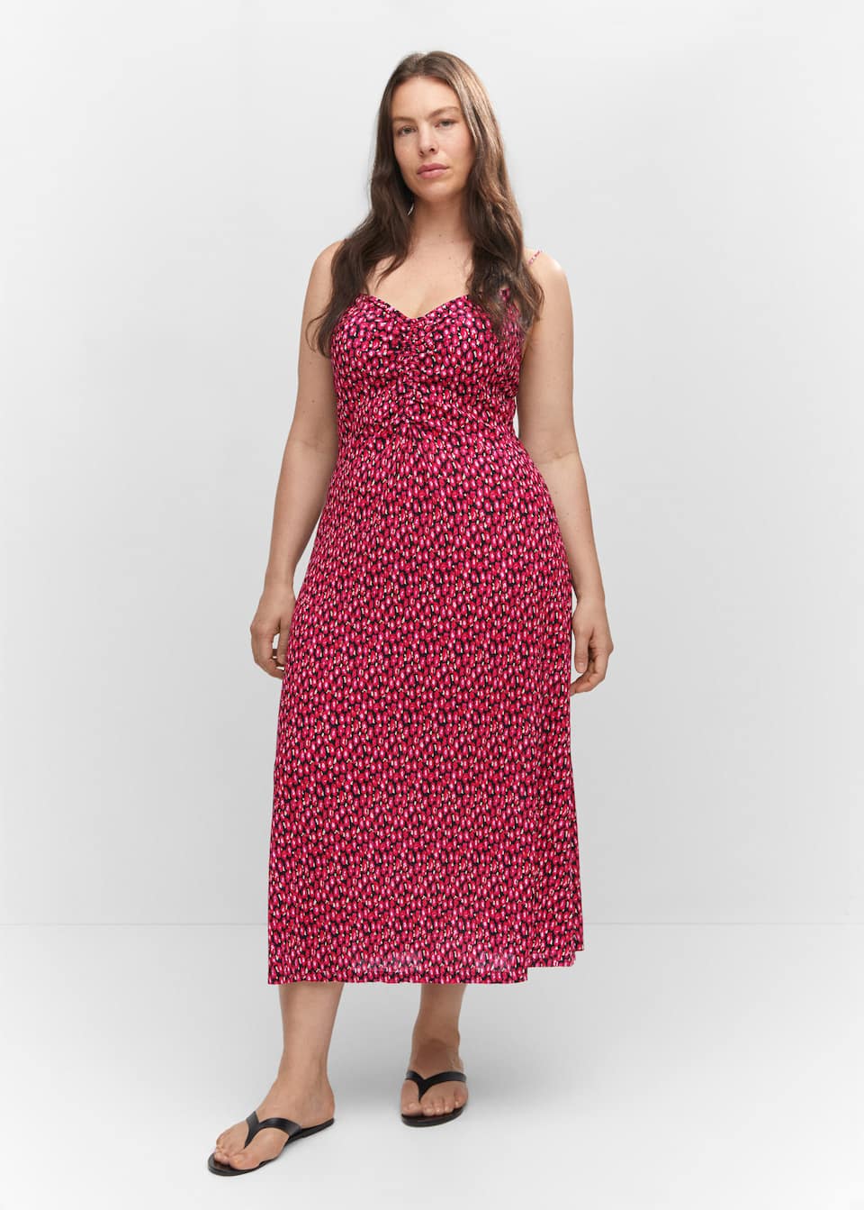 Mango Red Floral midi dress with thin straps, v neck, Gathered detail at the bust and figure-skimming silhouette.