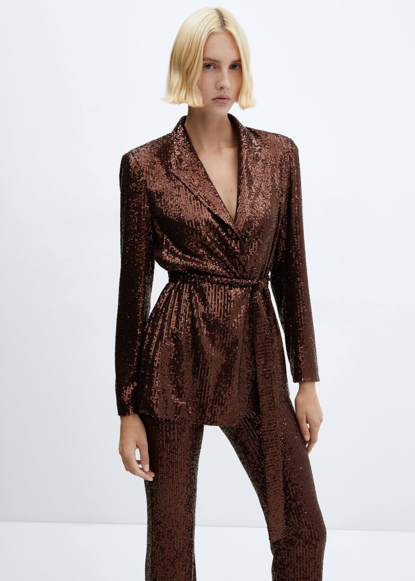 Sequin jacket with belt Women Mango United Kingdom