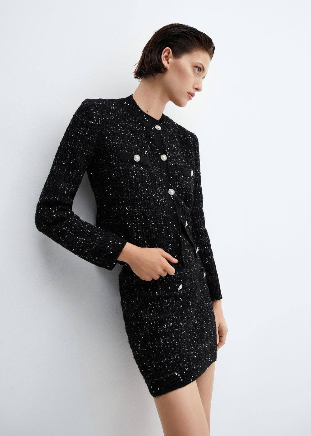 Tweed cardigan with jewel button Woman Mango Sweden