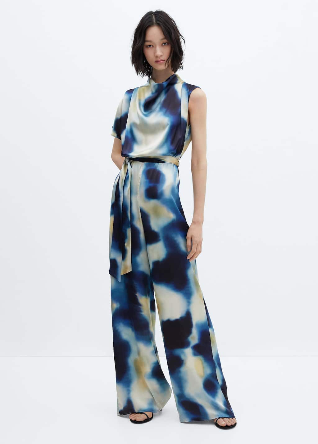 Draped neck asymmetric satin jumpsuit - General plane