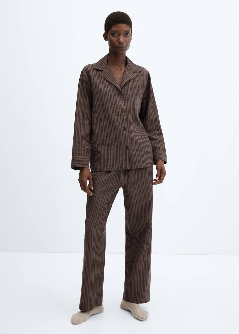 Mango brown cotton long pyjama set with contrast stripes.