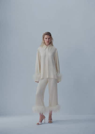 Satin pants with feather detail white