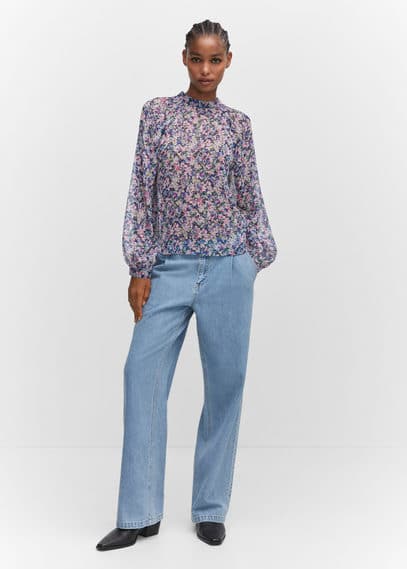 Shop Mango Printed Puff Sleeve Blouse Blue