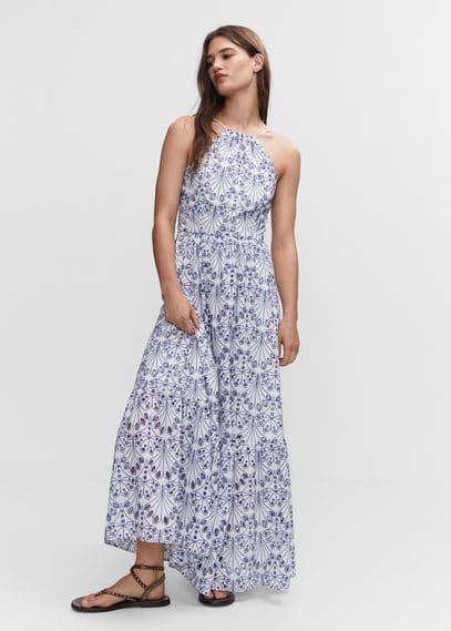 Mango Embroidered Halter Neck Dress Blue In Blue