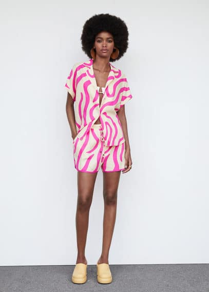 Mango Printed Linen Shirt Fuchsia In Fuchsia