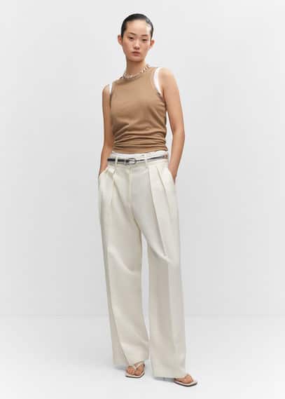 Mango Wideleg Pleated Trousers White