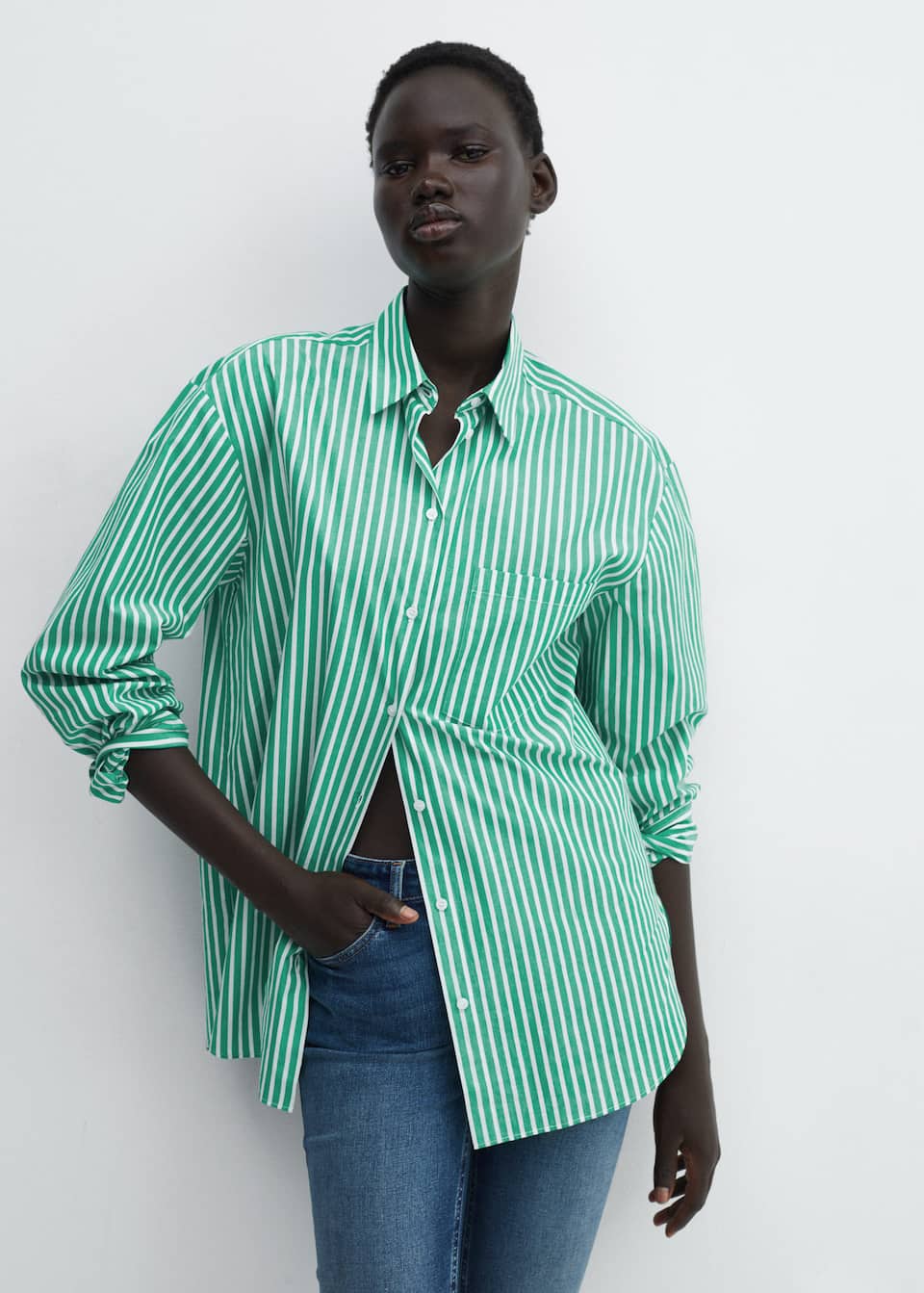 Mango green and white striped Pocket oversize shirt.