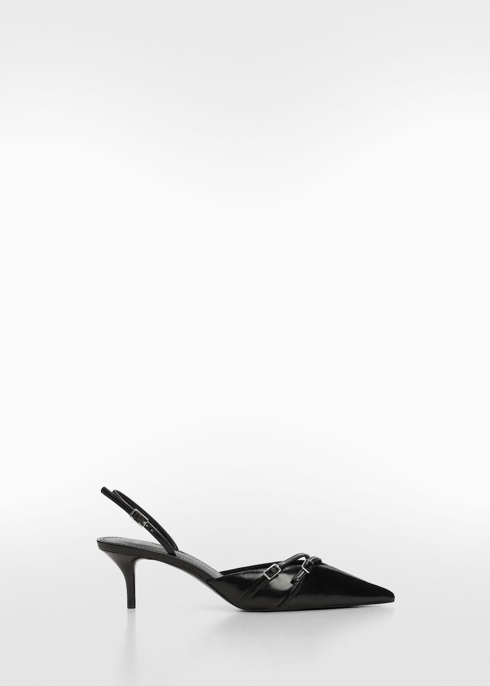 spring 2024 shoe trends - Mango back pointed toe kitten heeled shoes with buckle details.