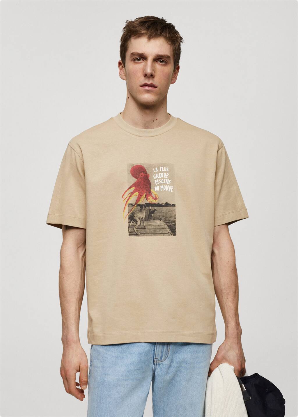 Mango Man - 100% Cotton Printed T-Shirt Beige - XXL - Men