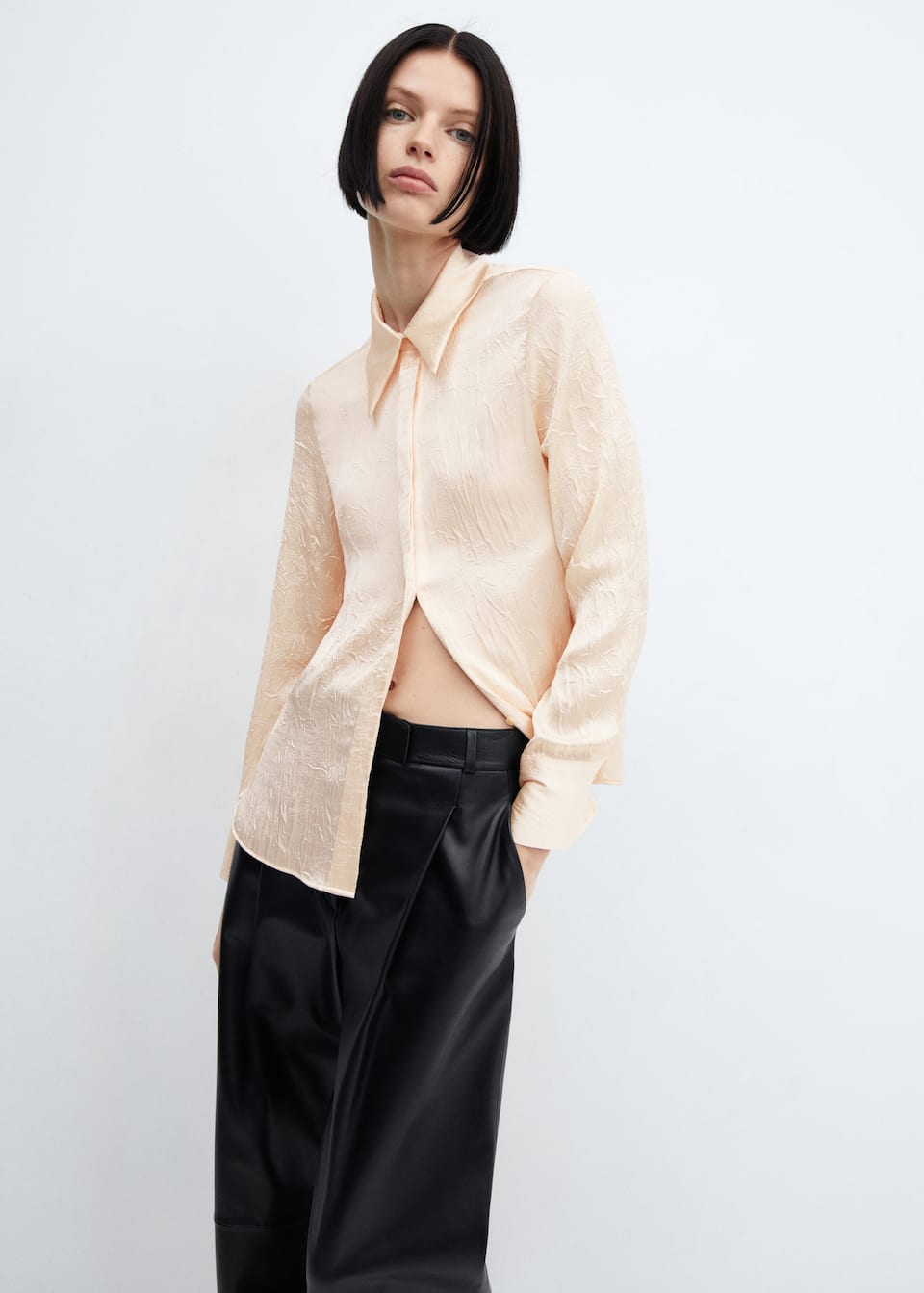 Mango peach crinkled satin textured shirt.