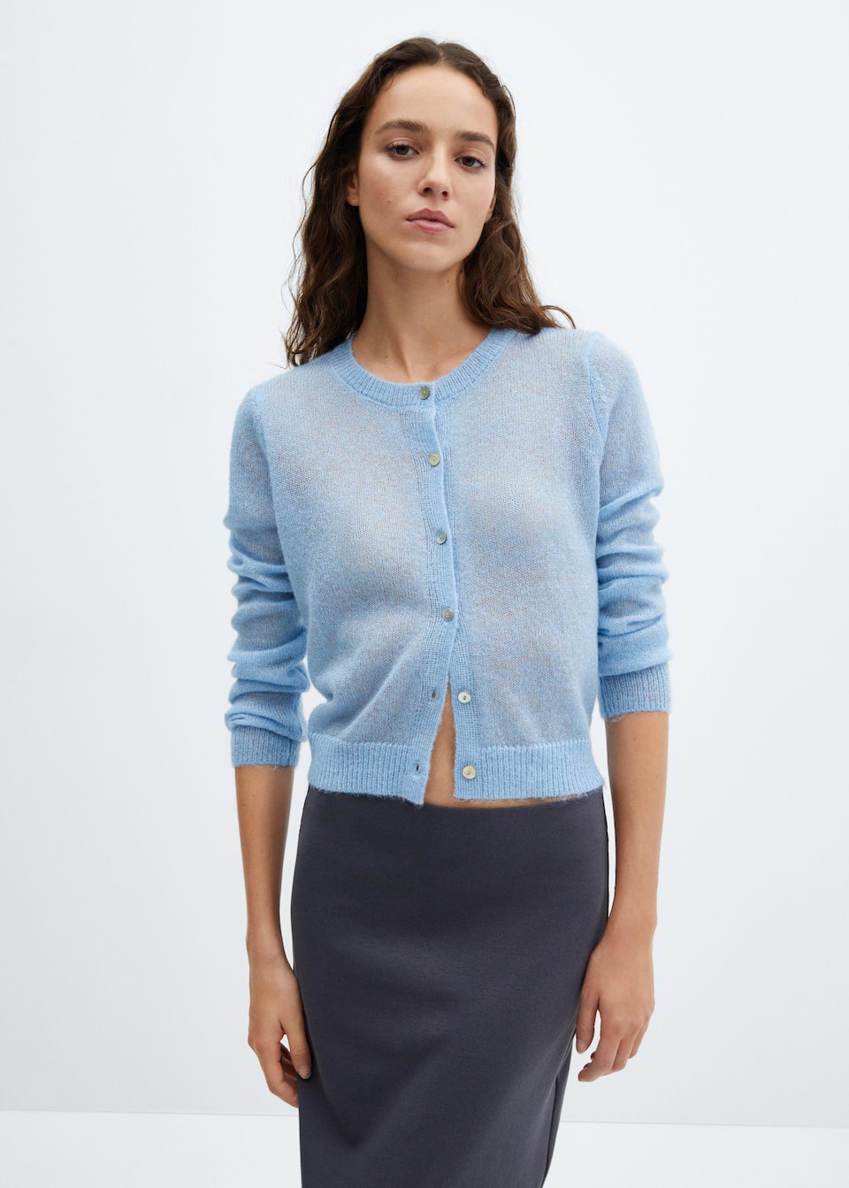Tap into the fashion colour trends 2024 with this Powder blue Mango Cardigan with lurex buttons