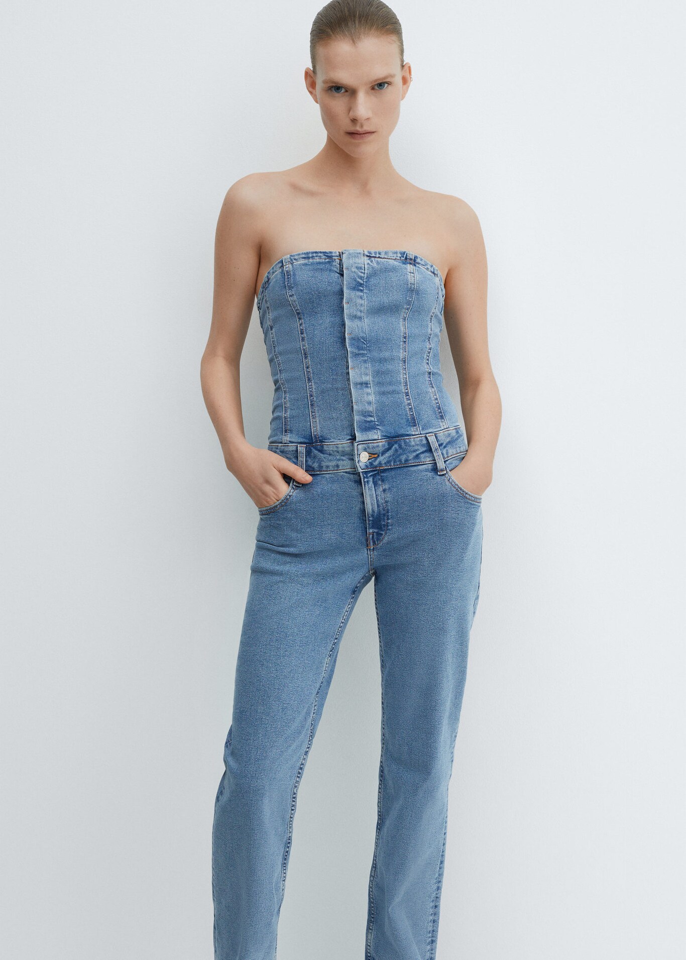 Strapless denim jumpsuit Woman Mango South Africa