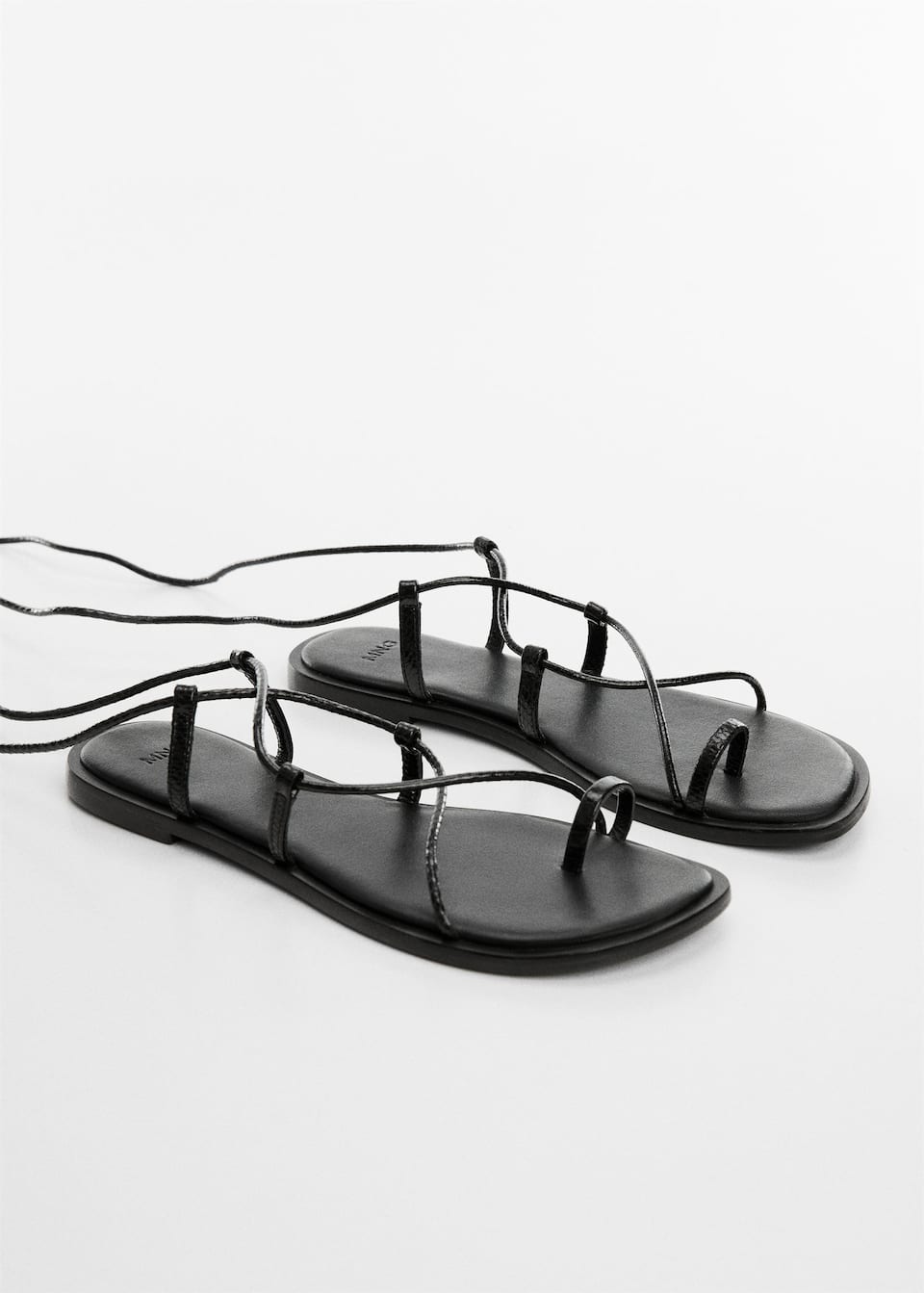 Mango black leather metallic mock croc effect thin strap flat sandals.