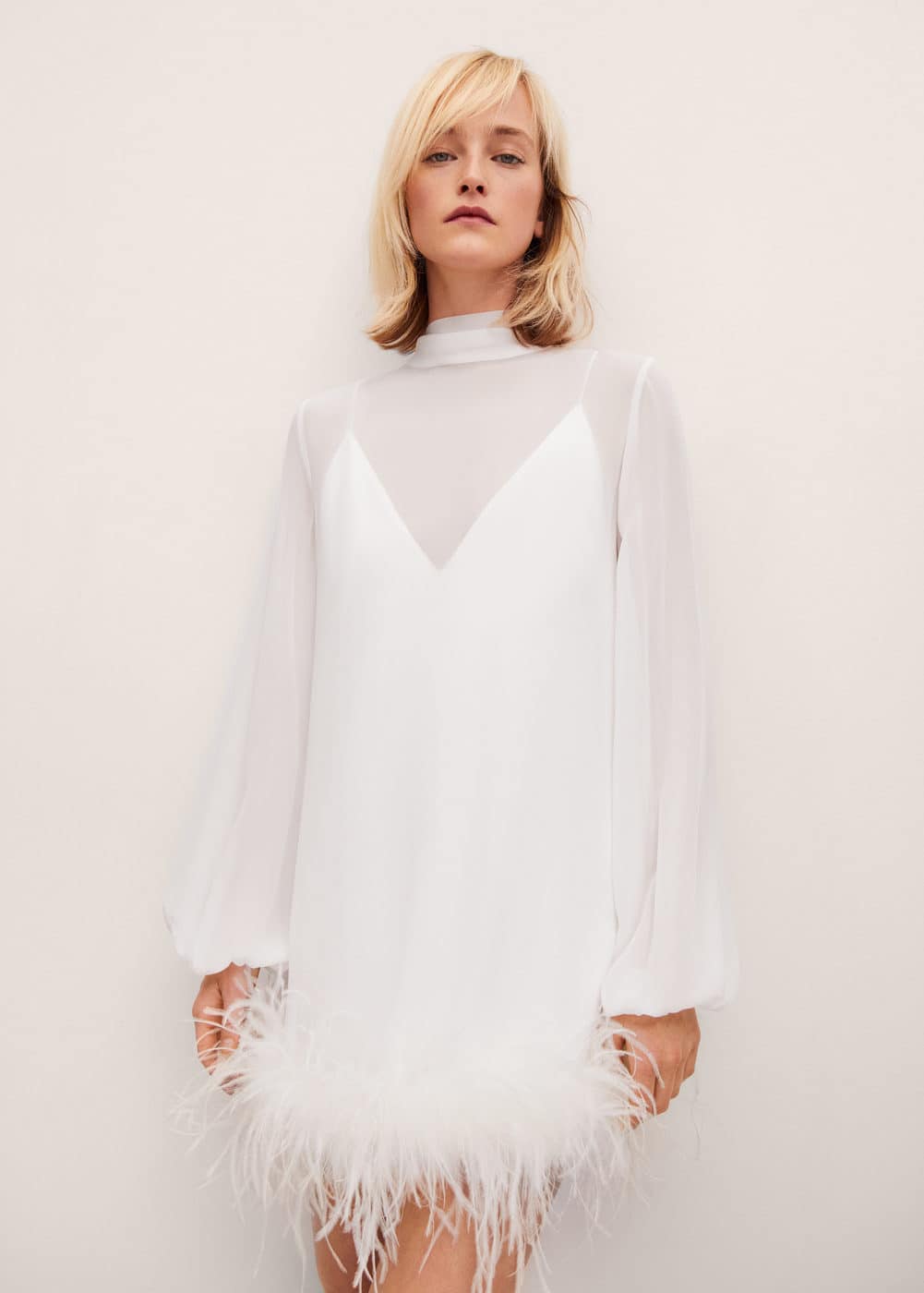 Puffed sleeve dress with feather detail Women Mango USA