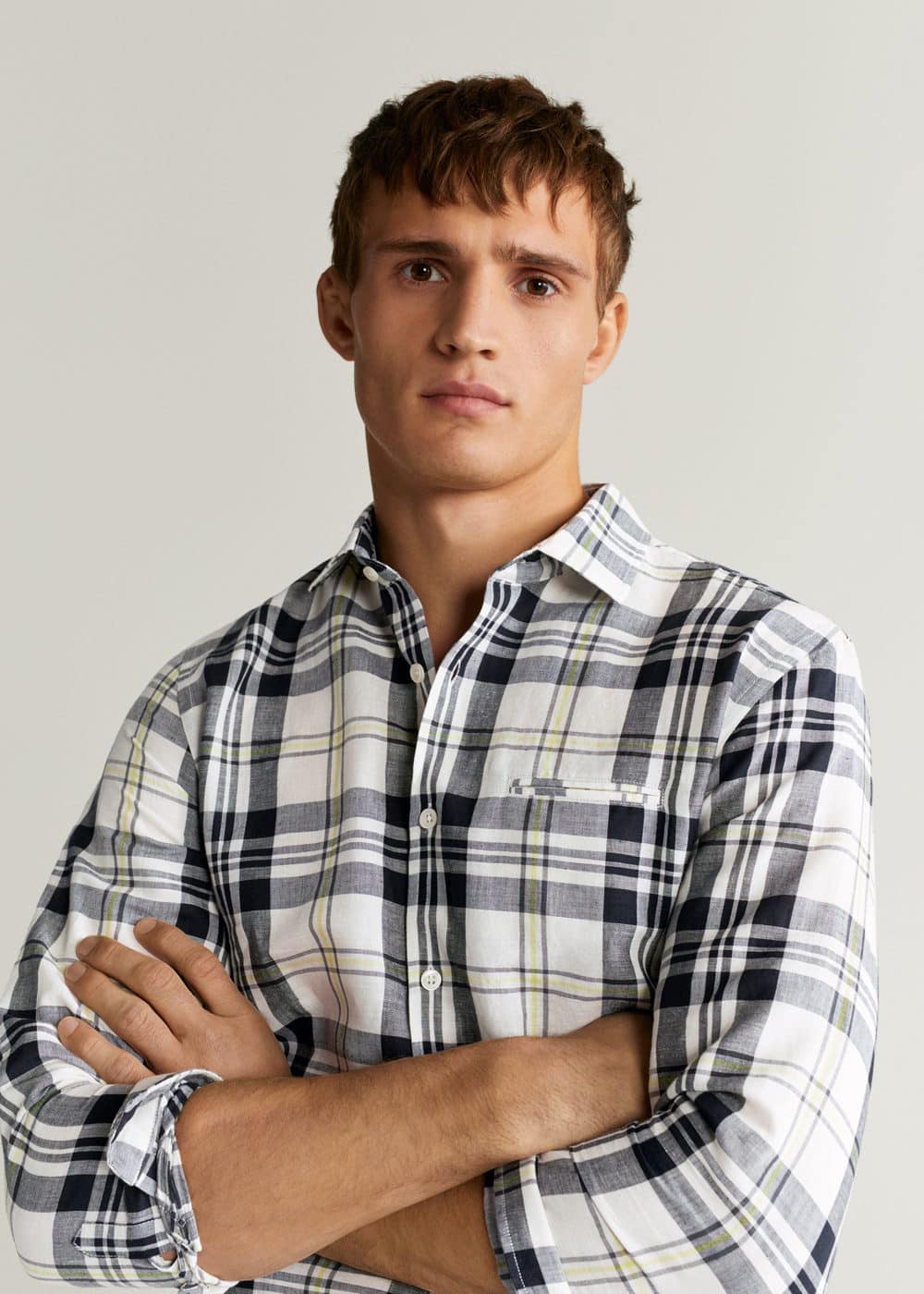 h-rome:camisa regular fit algodon lino cuadros