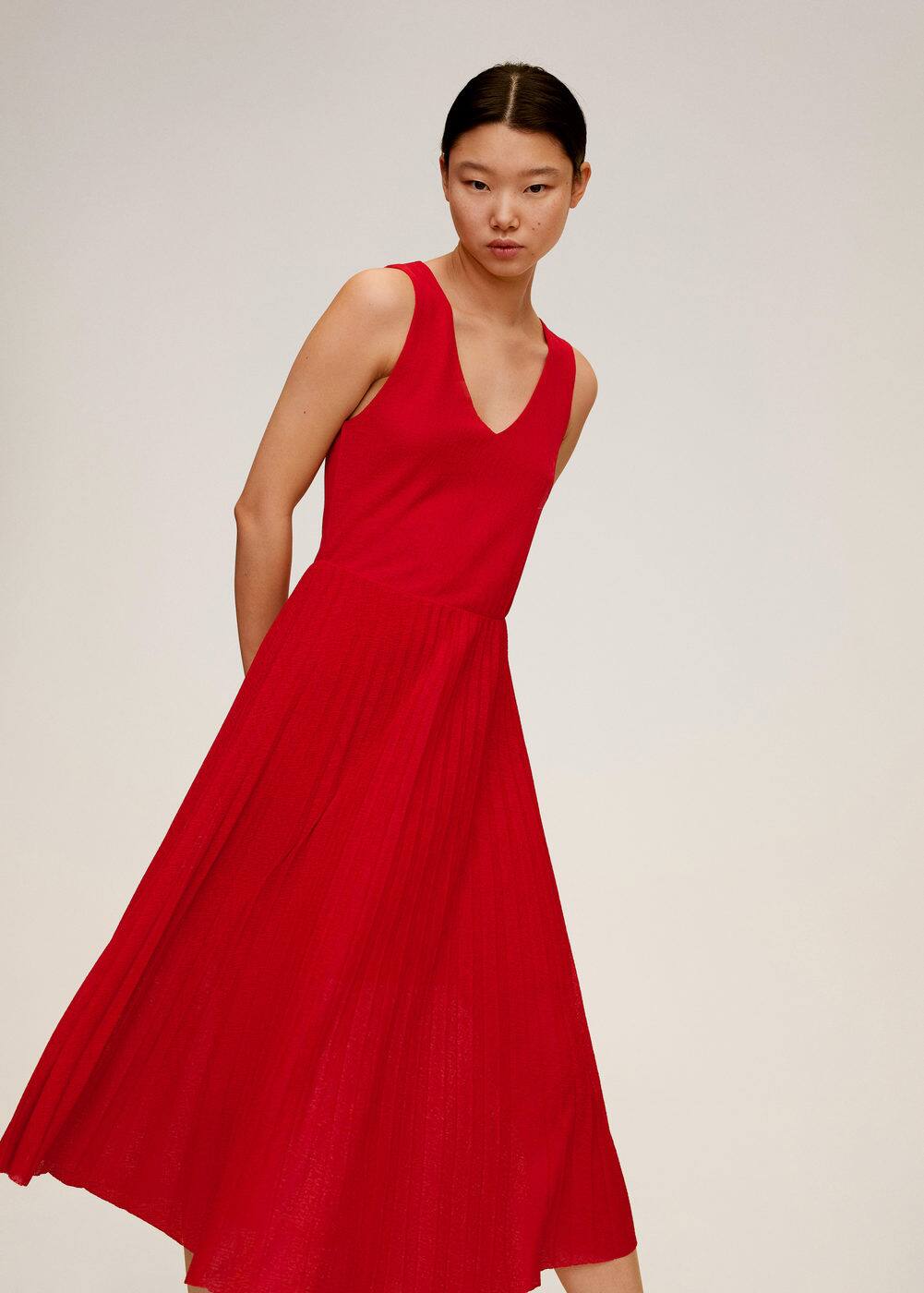 red pleated midi dress