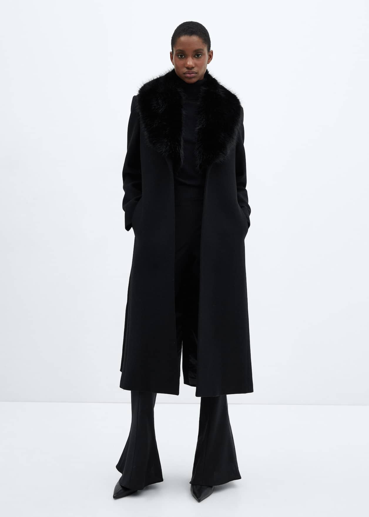 Detachable wool coat with fur-effect collar