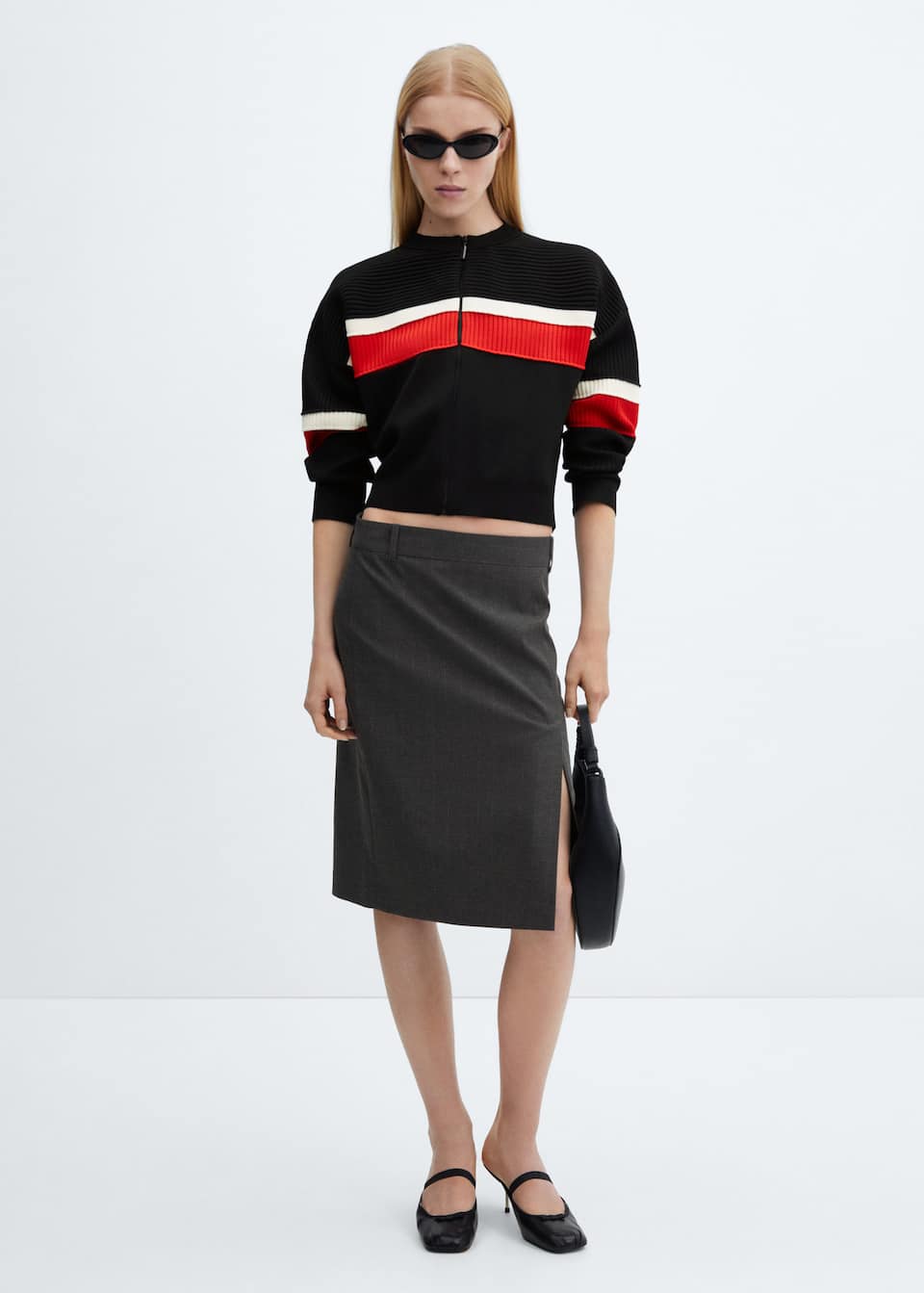 Mango dark grey pinstripe midi pencil skirt with split at the thigh.