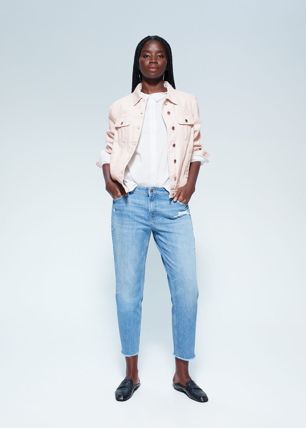 pastel and denim outfit