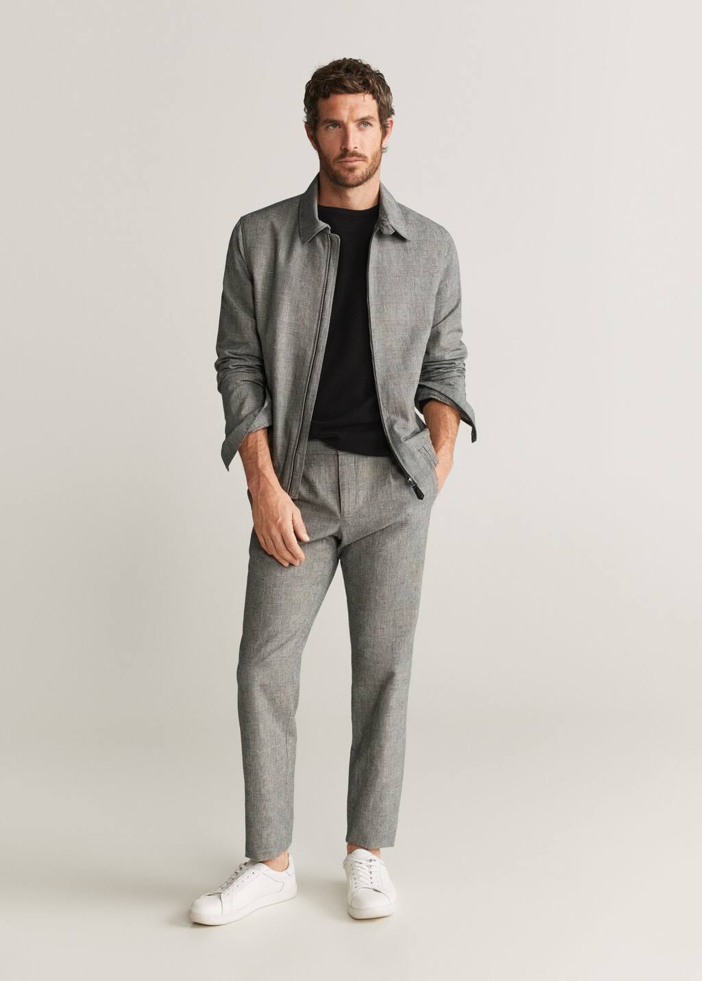 Mango Checked cotton linen jacket 67077638