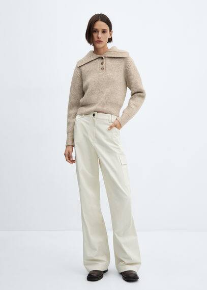 MANGO CAMP-COLLAR KNIT SWEATER SAND