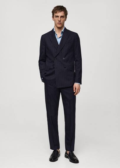 Shop Mango Man Wool Pinstripe Double-breasted Suit Blazer Dark Navy