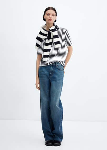 Mango Striped Cotton T-shirt Black