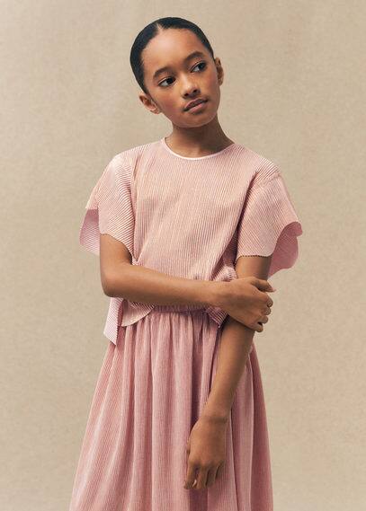 Shop Mango Frilled Lurex T-shirt Pink In Rose