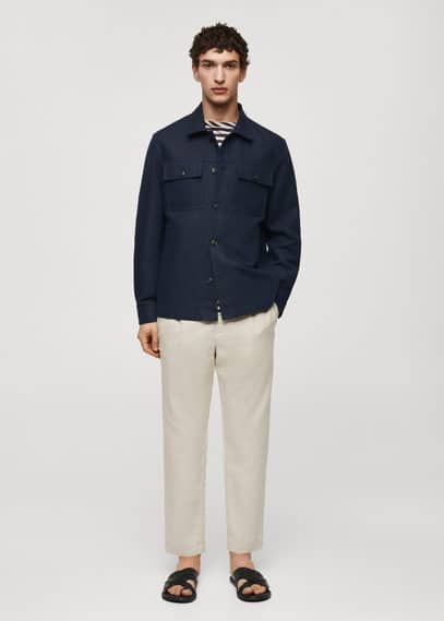 Mango Man Pocket Linen Cotton Jacket Dark Navy