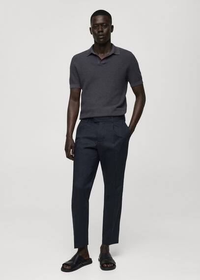 Mango Pantalon Coton Slim-fit Pinces In Bleu Nuit