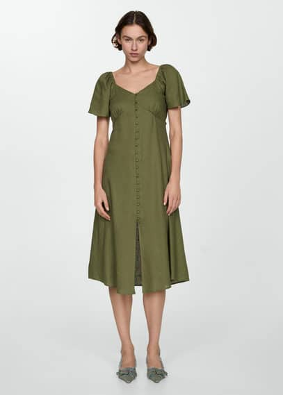 Shop Mango Buttoned Linen-blend Dress Khaki In Kaki