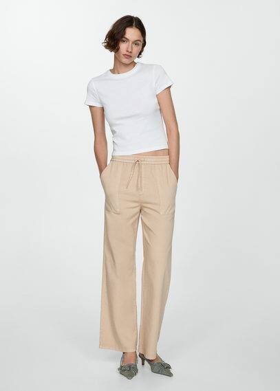 Shop Mango Straight Jeans With Elastic Waist Sand