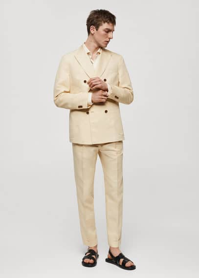 Shop Mango Man Cotton Linen Suit Pants With Pleats Pastel Yellow