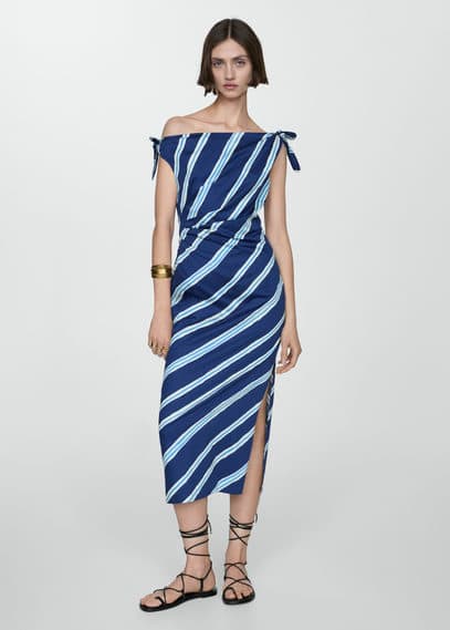 Shop Mango Striped Dress Bare Shoulders Ink Blue In Bleu Encre