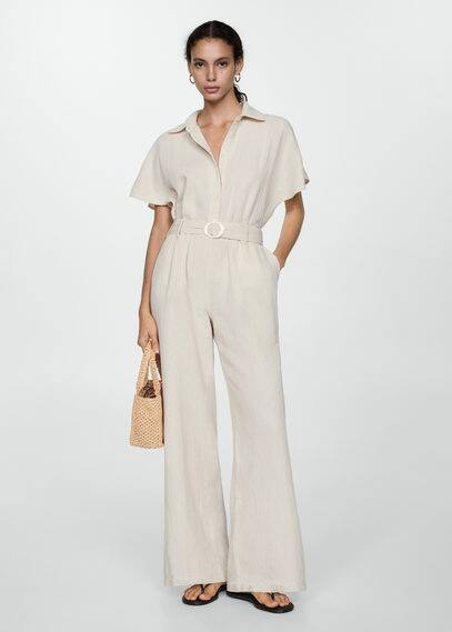 Shop Mango Belt Long Jumpsuit Ecru