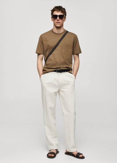 Mango Man 100% Cotton T-shirt With Pocket Khaki